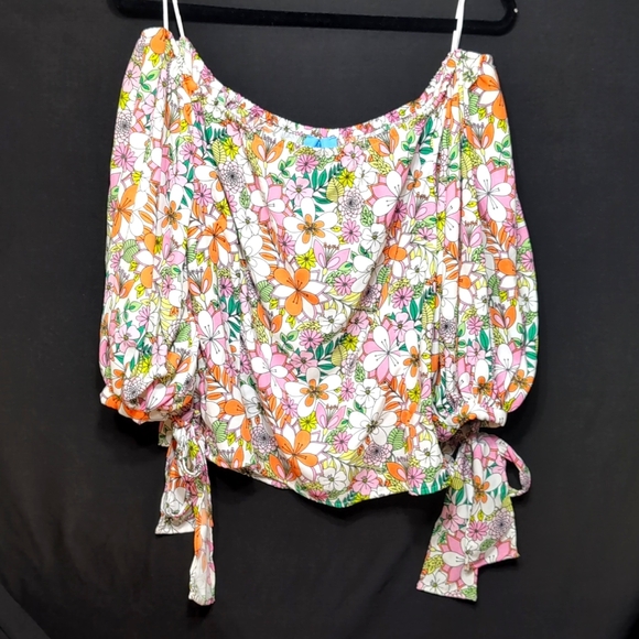 CeCe XL Off the Shoulder Balloon Sleeve Floral Shirt Ties on the Sleeves - Picture 2 of 7